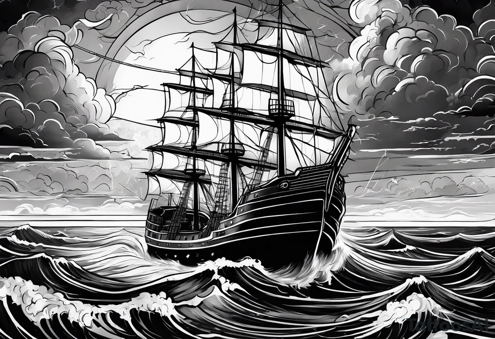 storm clouds with lightning surrounding a ship tattoo idea