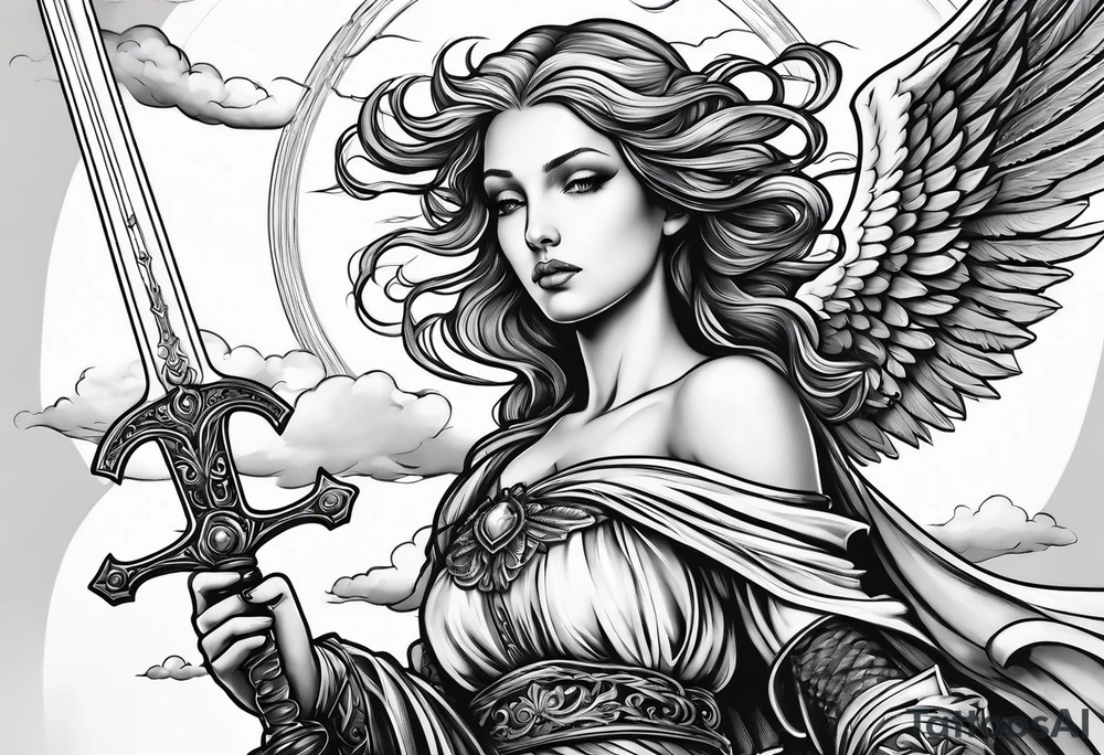 female angel with sword flying in the sky tattoo idea