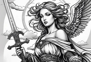female angel with sword flying in the sky tattoo idea