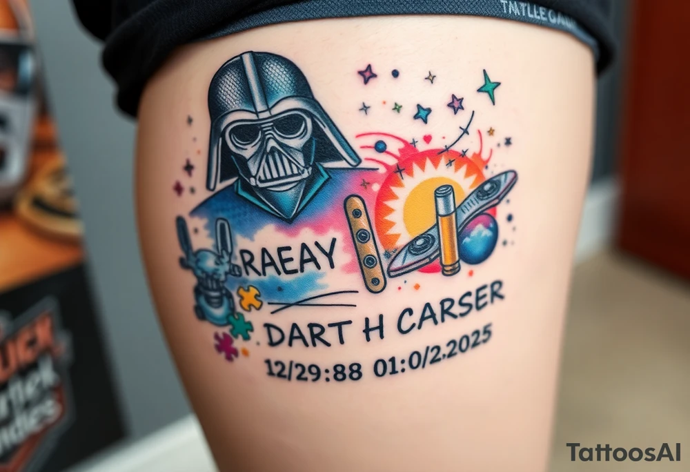 colorful futuristic memory tattoo for passed boyfriend;, star wars, Harley Davidson, skateboarding, puzzle pieces, video games, heaven, god, outdoors, 9mm bullet, words MEMENTO MORI & DARTH CARTER 12/29/88-01/06/2025 tattoo idea