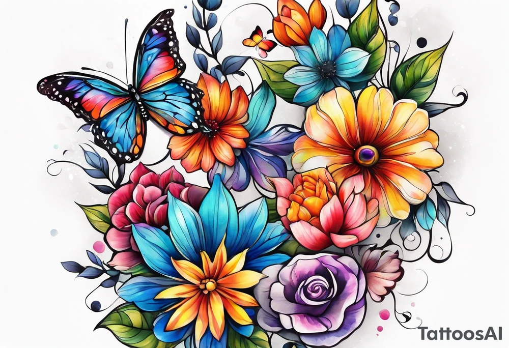 Arm sleeve with rainbow flowers and butterflies tattoo idea