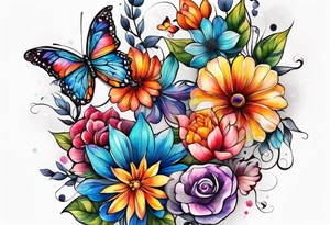 Arm sleeve with rainbow flowers and butterflies tattoo idea