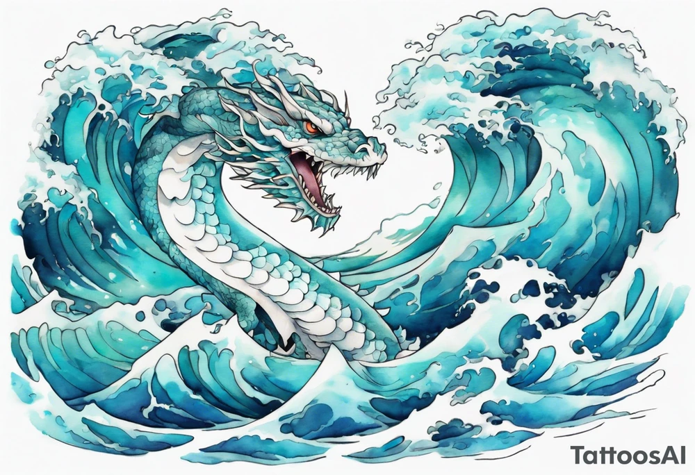 a beautiful turquoise and white water drake rising from the blue waves of the ocean tattoo idea