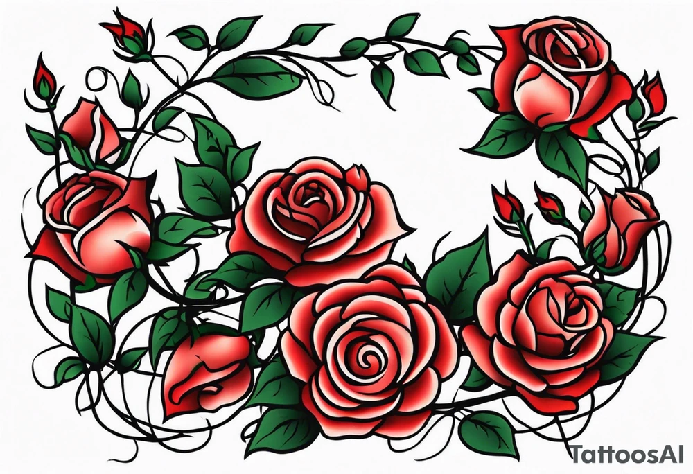 sleeve tattoo traditional style with lots of small roses on a vine. total roses is 50 tattoo idea