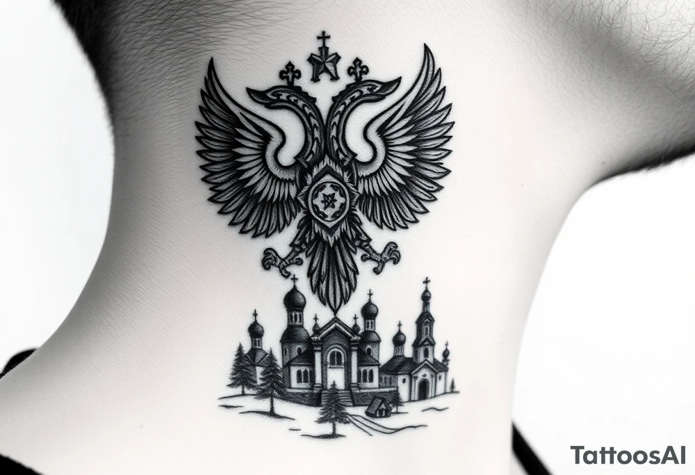 Traditional authentic Russian coat of arms with double headed eagle & a Christian orthodox virgin marry in the middle and silhouette in a Russian wilderness Christian orthodoxy dome church village setting on the side of my neck tattoo idea