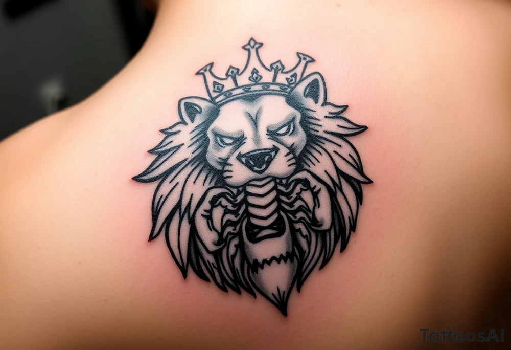 a powerful and majestic lion with a crown and in the middle of this crown , a realistic scorpion, tattoo idea