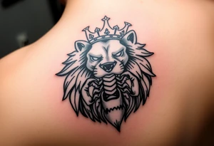 a powerful and majestic lion with a crown and in the middle of this crown , a realistic scorpion, tattoo idea