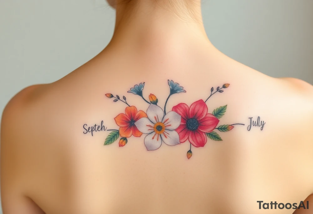 Looking for a cover-up tattoo with birthday month flowers pastel colors for months September, January, June, May, and July. tattoo idea
