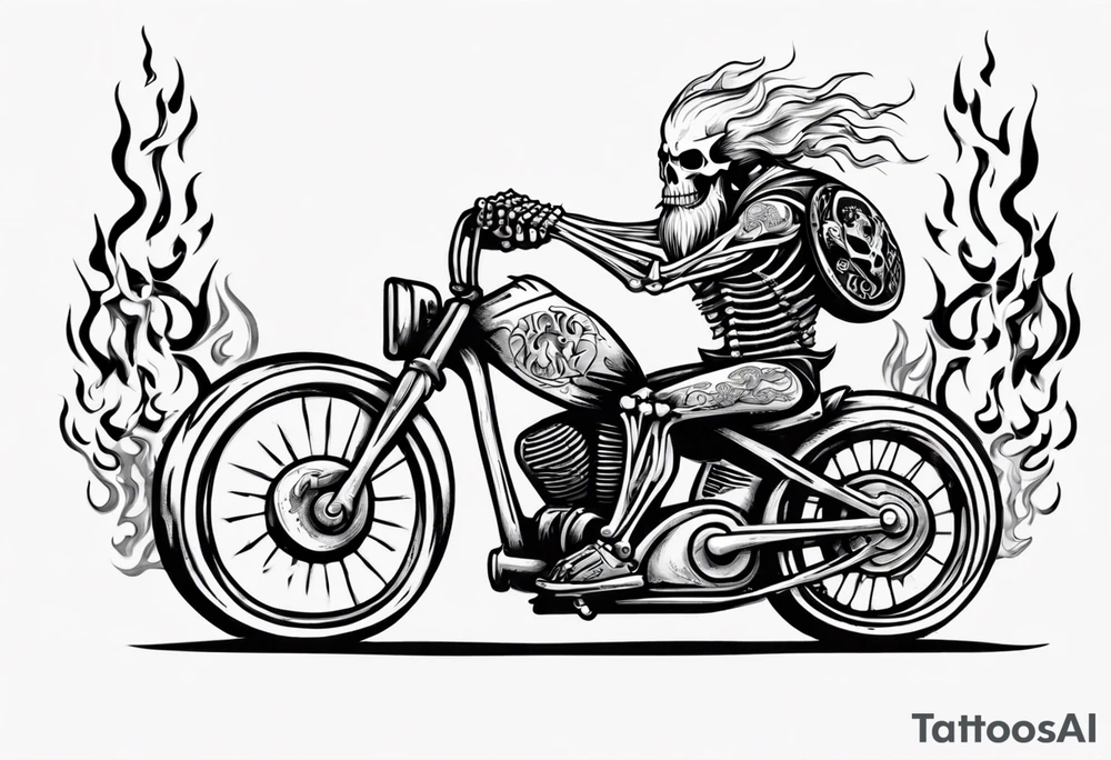 Skeleton riding a bike with flames and a viking head in the background tattoo idea