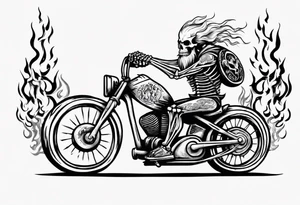 Skeleton riding a bike with flames and a viking head in the background tattoo idea