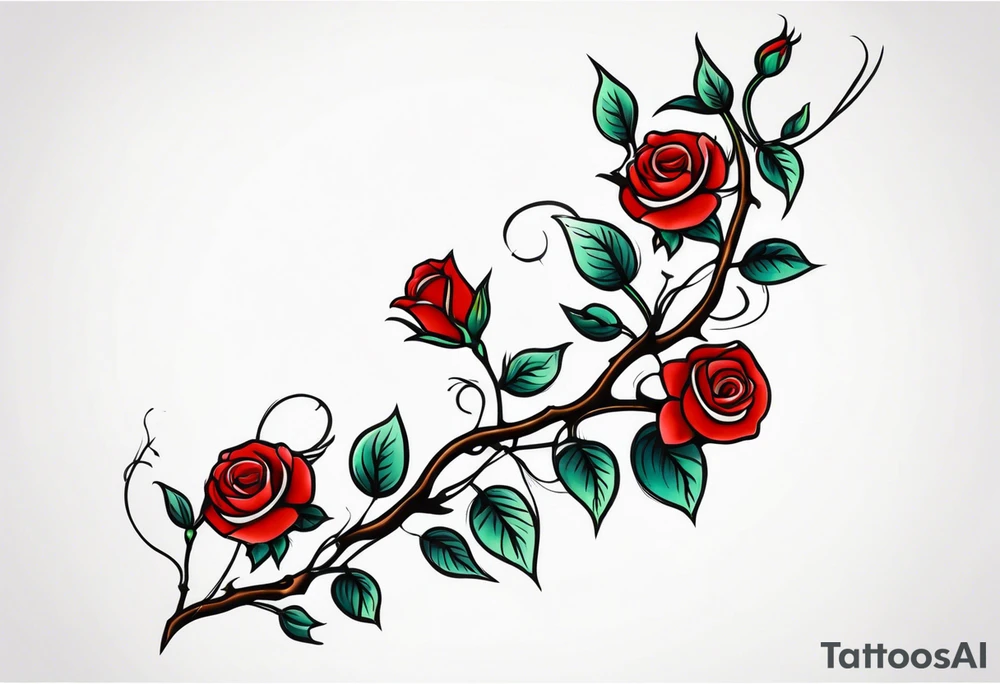 sleeve tattoo a long vine with many small roses. Most roses are in closed bud. some larger open bud. tattoo idea