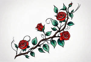 sleeve tattoo a long vine with many small roses. Most roses are in closed bud. some larger open bud. tattoo idea