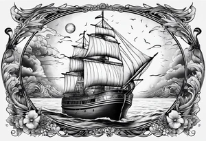 bateau, phare maritime, phoenix et lune bleu. tattoo idea