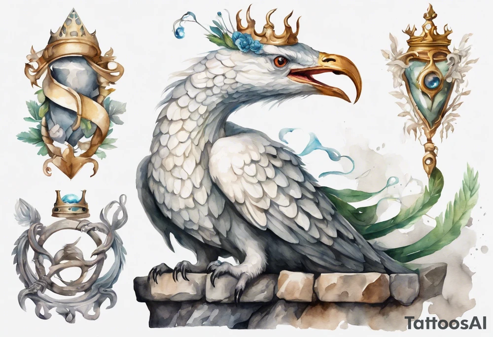 a watercolor of a white bird-serpent hybrid wearing an iron crown, perched upon a stone tattoo idea