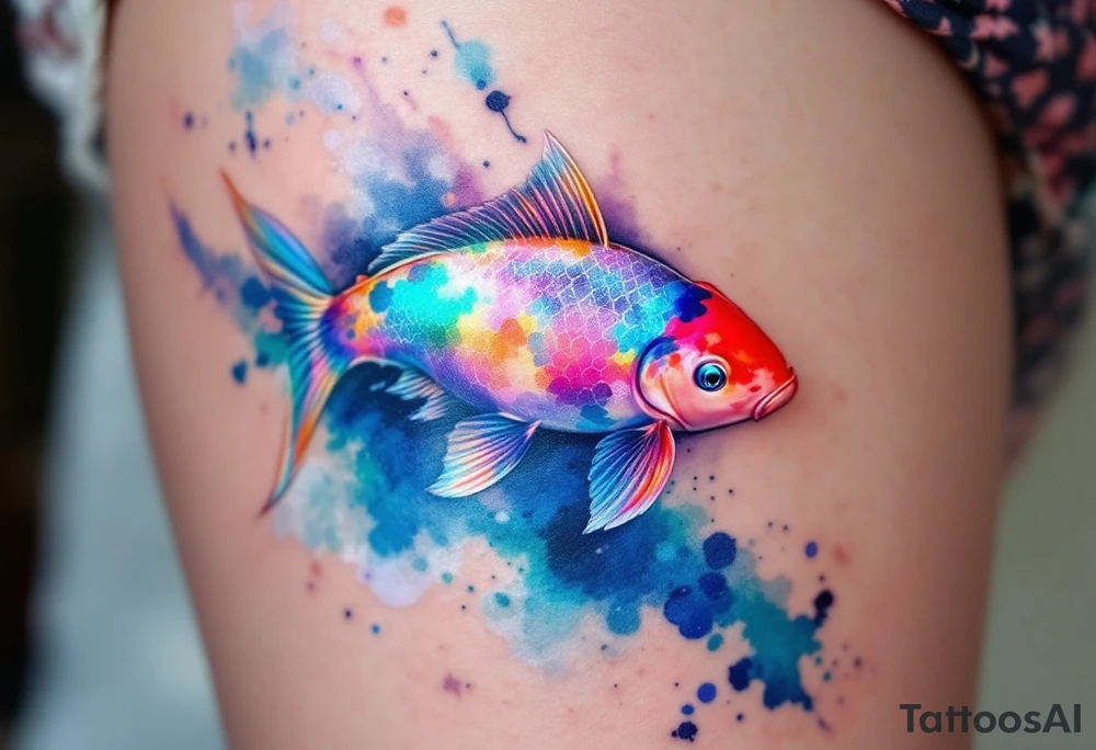 Iridescent Koi in Abstract Water – A rainbow-toned koi with shimmering scales, set in an abstract watercolor splash of blues and purples. tattoo idea