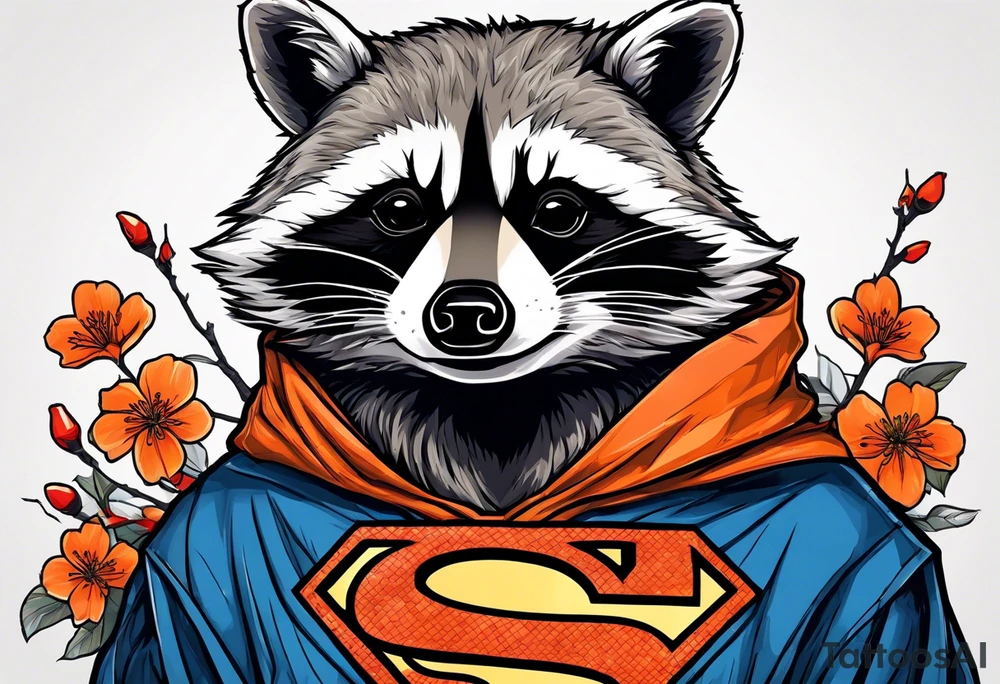 raccoon wearing a Superman hoodie with orange Japanese cherry blossoms tattoo idea