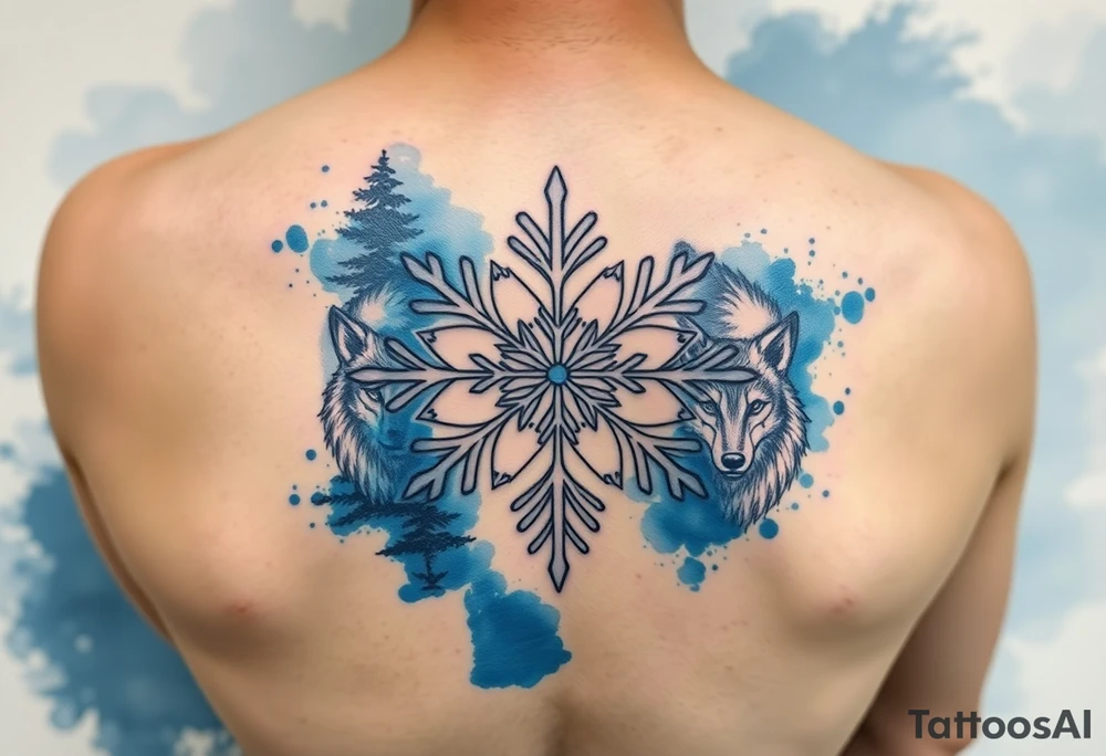 A white snowflake on Blue watercolor backround with two wolfs tattoo idea