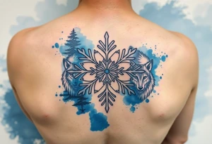 A white snowflake on Blue watercolor backround with two wolfs tattoo idea
