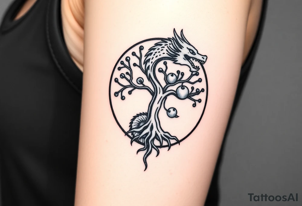a dragon forming a circle with its body.  the dragon encircles the tree of life.   the tree of life has fruit  and the dragon is eating the fruit. the roots of the tree are strangling the tail of the dragon tattoo idea