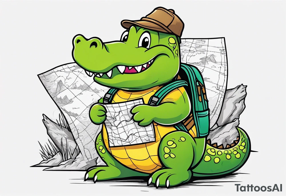 Chubby cute alligator with a map and backpack lost in the mountains tattoo idea