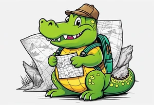 Chubby cute alligator with a map and backpack lost in the mountains tattoo idea