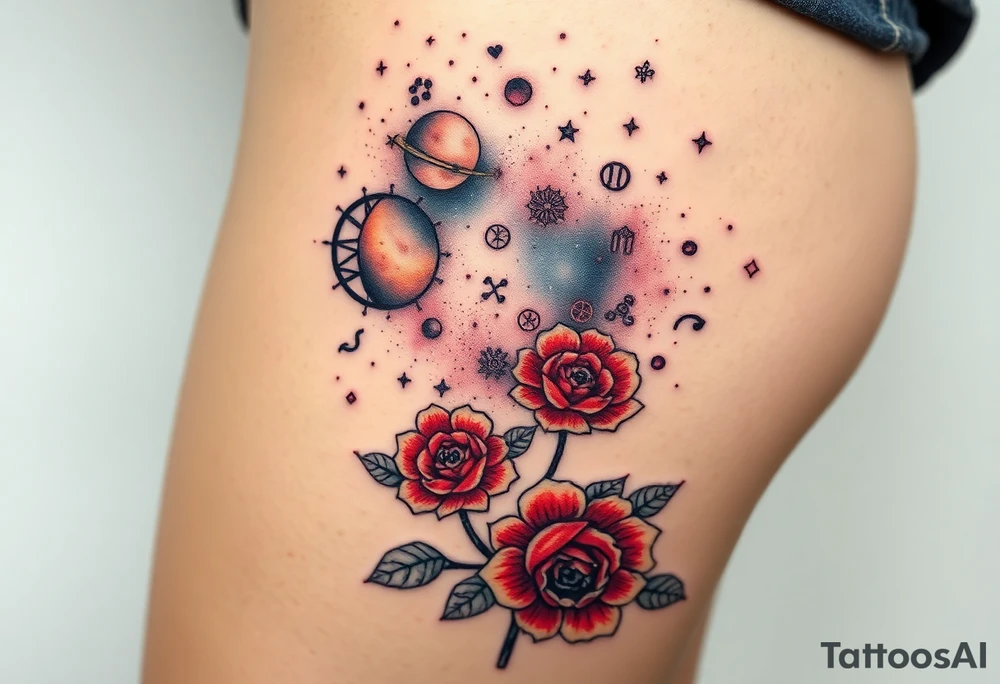 Milky way galaxy with planets with zodiac symbols and protection runes in it with red roses and sunflowers tattoo idea