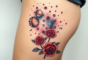 Milky way galaxy with planets with zodiac symbols and protection runes in it with red roses and sunflowers tattoo idea
