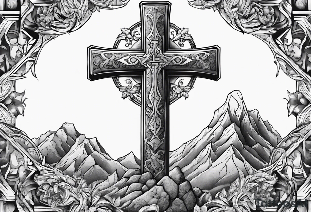 Cross coming through a stone tattoo idea