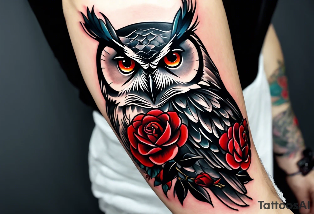 Forearm tattoo Color Owl with red roses tattoo idea