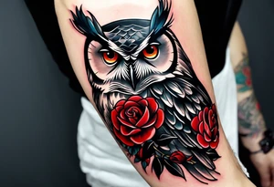Forearm tattoo Color Owl with red roses tattoo idea
