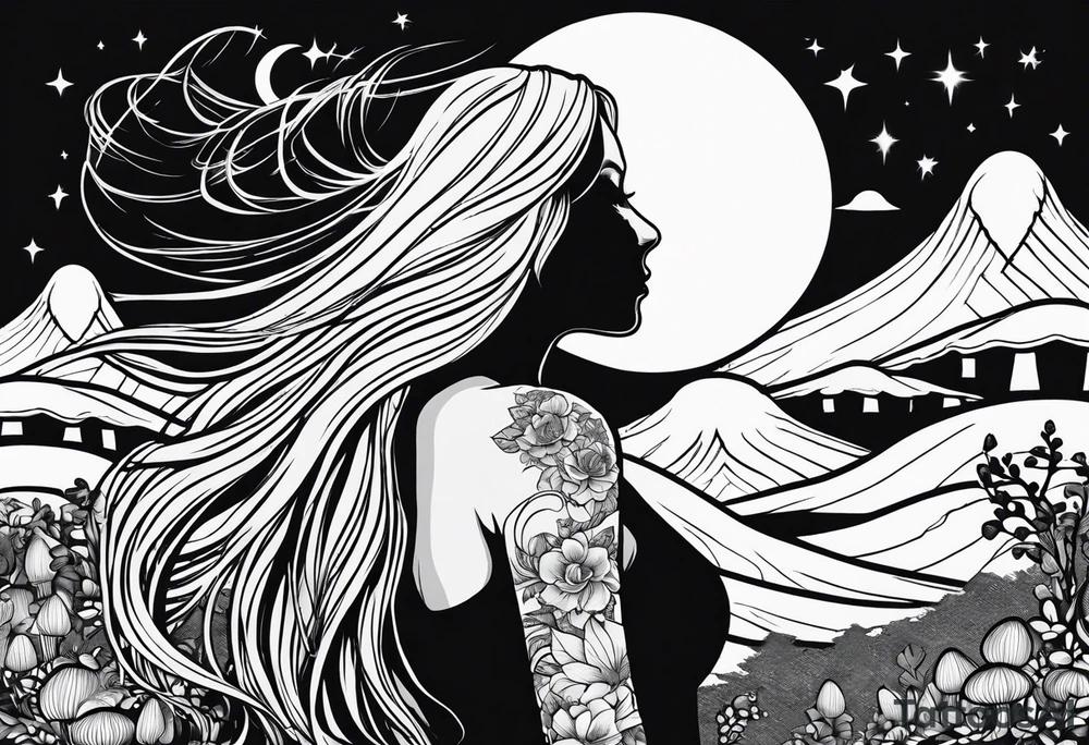 Blonde long straight hair older woman no face surrounded by mushrooms facing mountains crescent moon background tattoo idea