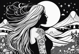 Blonde long straight hair older woman no face surrounded by mushrooms facing mountains crescent moon background tattoo idea