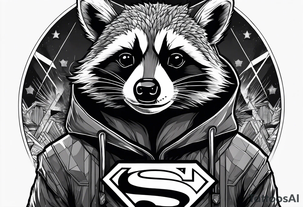 raccoon wearing a Superman hoodie tattoo idea