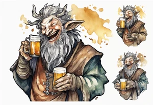 a medieval spriggan wearing a tunic and drinking from a pewter mug of beer in a tavern, laughing tattoo idea