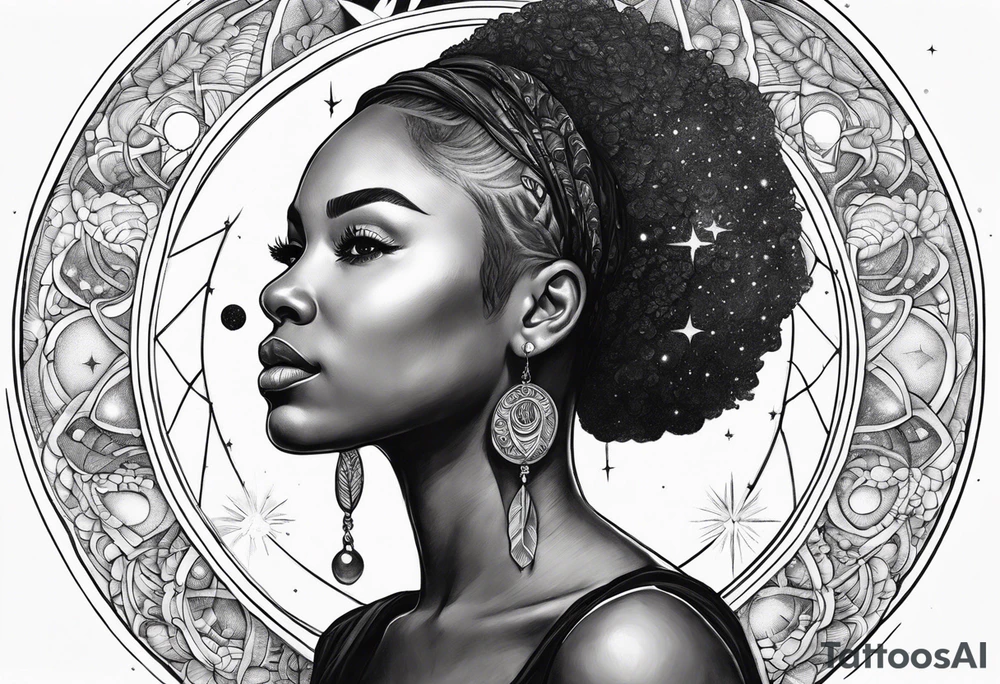 Black woman, enlightenment, wisdom, astronomy, cancer zodiac, natural tattoo idea