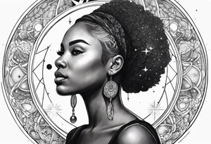 Black woman, enlightenment, wisdom, astronomy, cancer zodiac, natural tattoo idea