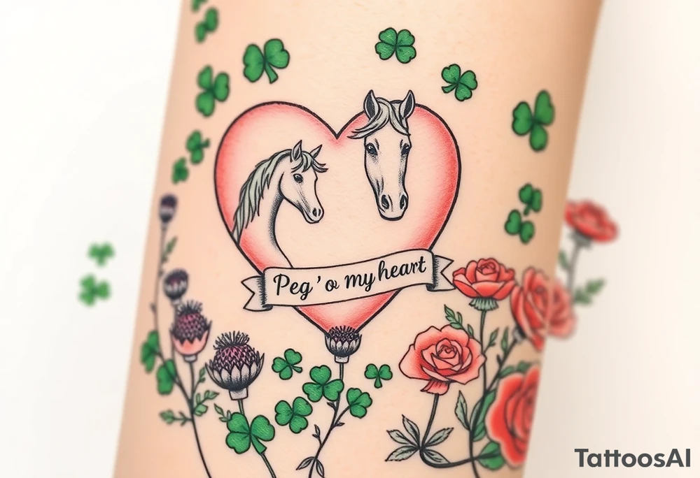 a big pale pink heart and a horse in a huge patch of green shamrocks, and purple thistles, and red roses with a banner across the heart that says Peg 'o My Heart tattoo idea