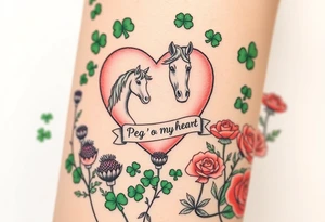 a big pale pink heart and a horse in a huge patch of green shamrocks, and purple thistles, and red roses with a banner across the heart that says Peg 'o My Heart tattoo idea