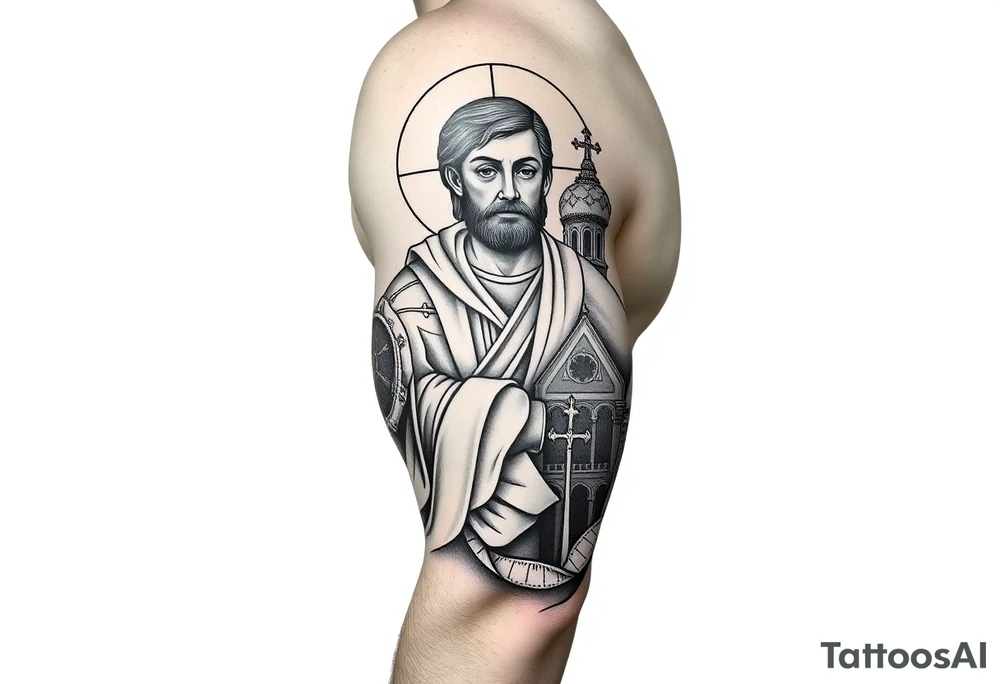 russian orthodox christian left arm tattoo with jesus & orthodox st basils setting tattoo idea