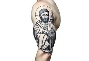 russian orthodox christian left arm tattoo with jesus & orthodox st basils setting tattoo idea
