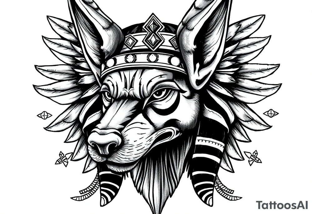 Egyptian Anubis god face muscle in Egypt style  with mantle on head

dog face surrounded Egyptian symbols based on elements tattoo idea