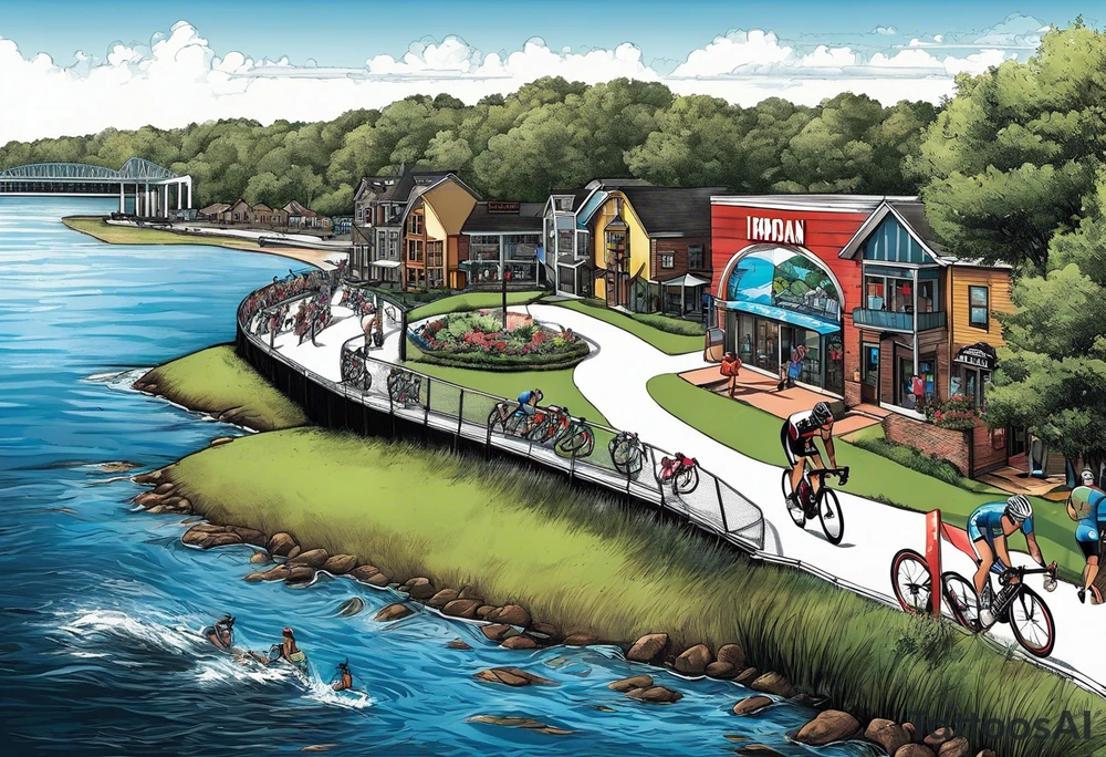 Ironman Triathlon 70.2 in Wilmington North Carolina. Featuring the three Disciplines of a triathlon swimming, cycling and running. Also including the Ironman M-DOT Logo and the Number 70.2 in a North Carolina Landscape tattoo idea