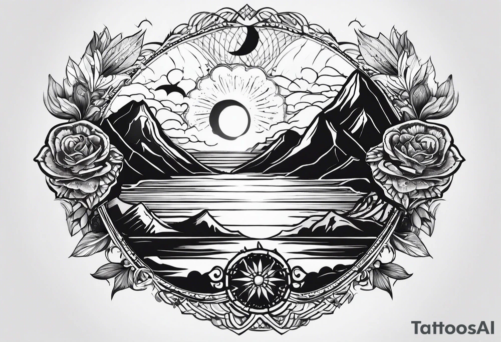 i want two different tattoos next to each other in a matching sytle. one is going to be about a sea/beach at sunset and the second one is mountains with sunrise. All going to be black and white. tattoo idea