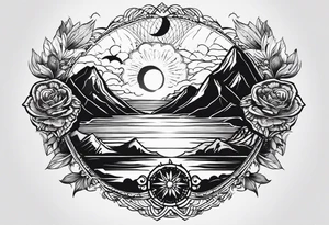 i want two different tattoos next to each other in a matching sytle. one is going to be about a sea/beach at sunset and the second one is mountains with sunrise. All going to be black and white. tattoo idea