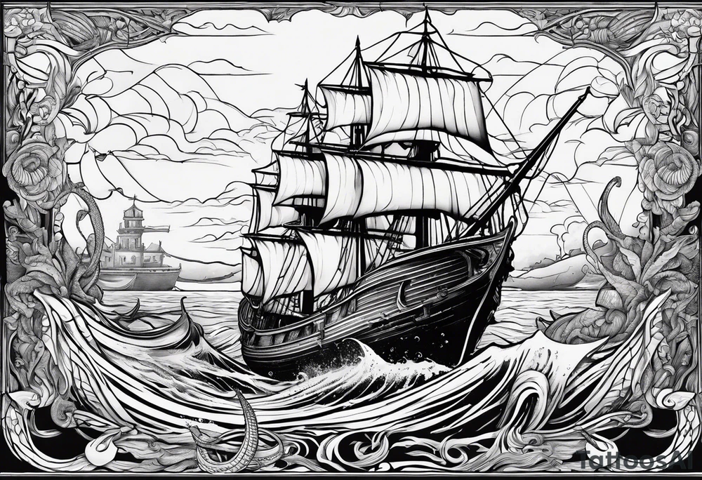 ship sinking with a mermaid on the right holding a rope the mermaid on the left holding a dagger tattoo idea