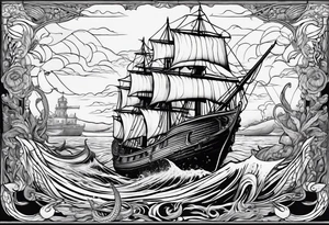 ship sinking with a mermaid on the right holding a rope the mermaid on the left holding a dagger tattoo idea