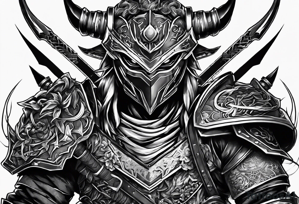 Angry Male Modern robot ninja with demon mask with swords in hands tattoo idea