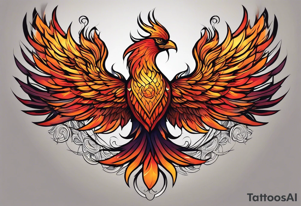 A majestic fire phoenix, rising powerfully with its wings spread wide and feathers flowing, representing rebirth and resilience. The phoenix is detailed with intricate feathers, creating a sense of movement and vitality. The design is bold, with deep shading and texture that adds dimension and intensity to its form. tattoo idea