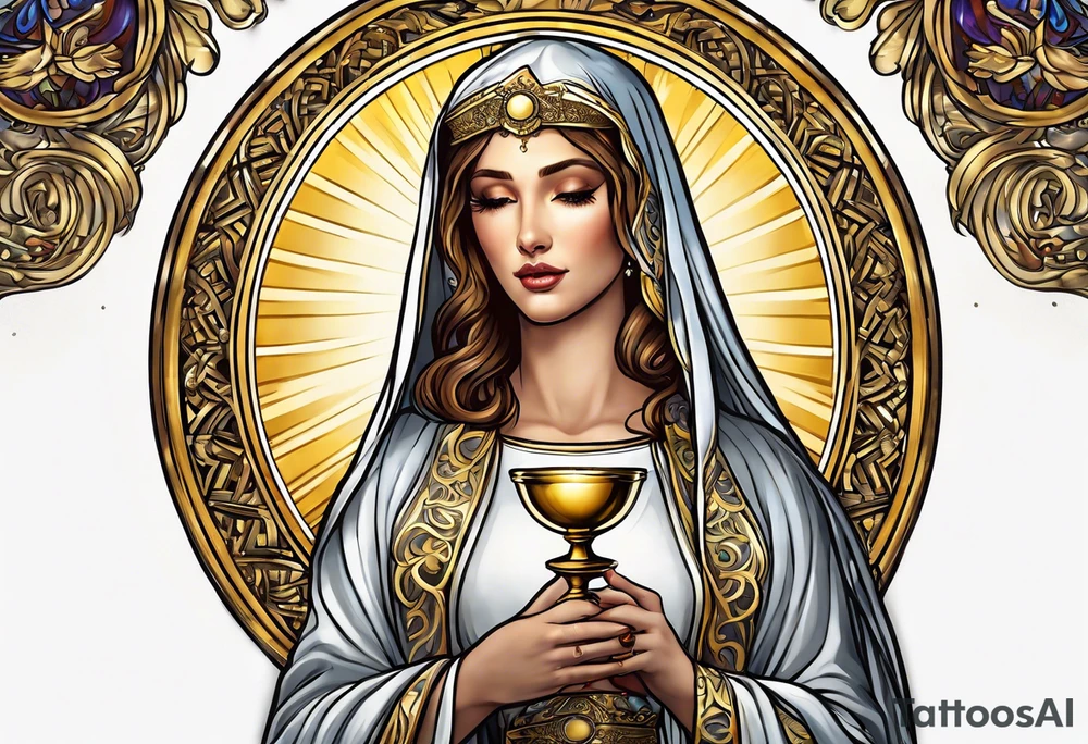 holy saint woman turned away with golden halo holding a chalice tattoo idea