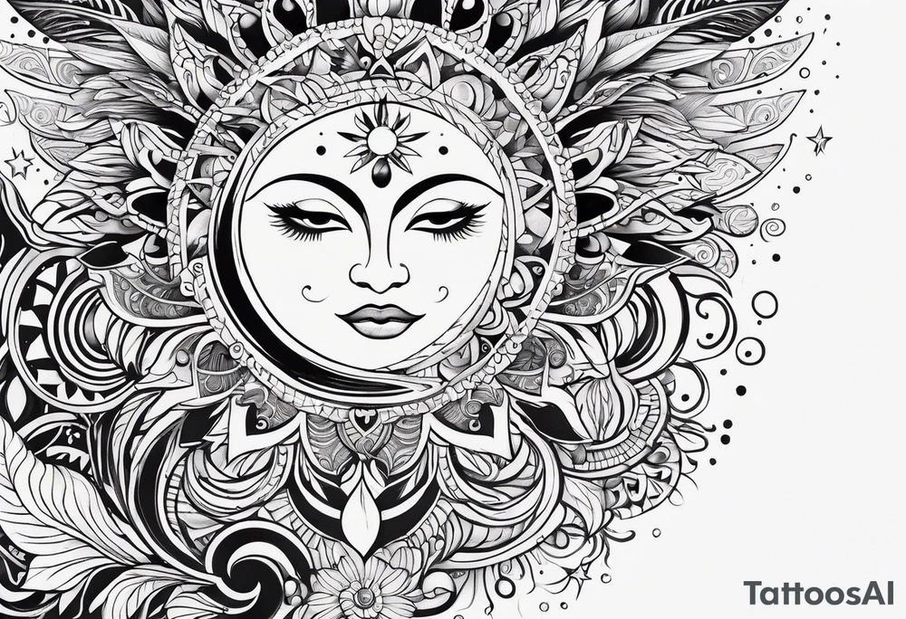 Mexican Sun and moon sternum swirls and dots and stars tattoo idea